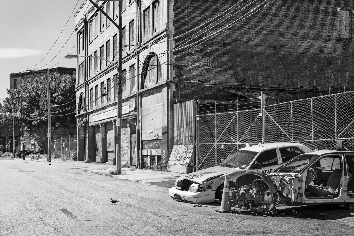 Black and white image of wrecked cars next to a shabby warehouse, with a pigeon in the street.